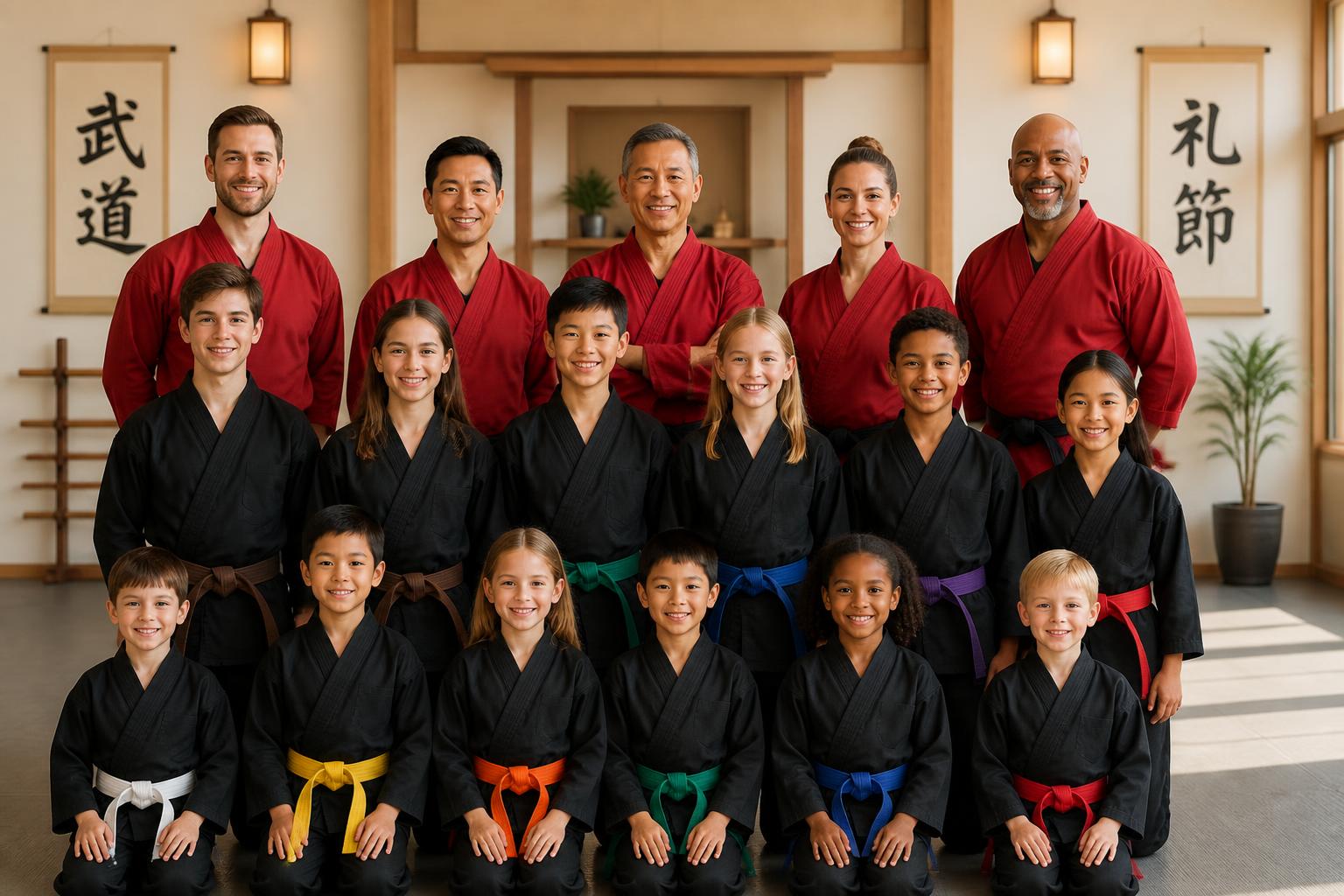 Students of all ages lined up in uniform at Choe's Black Belt Academy